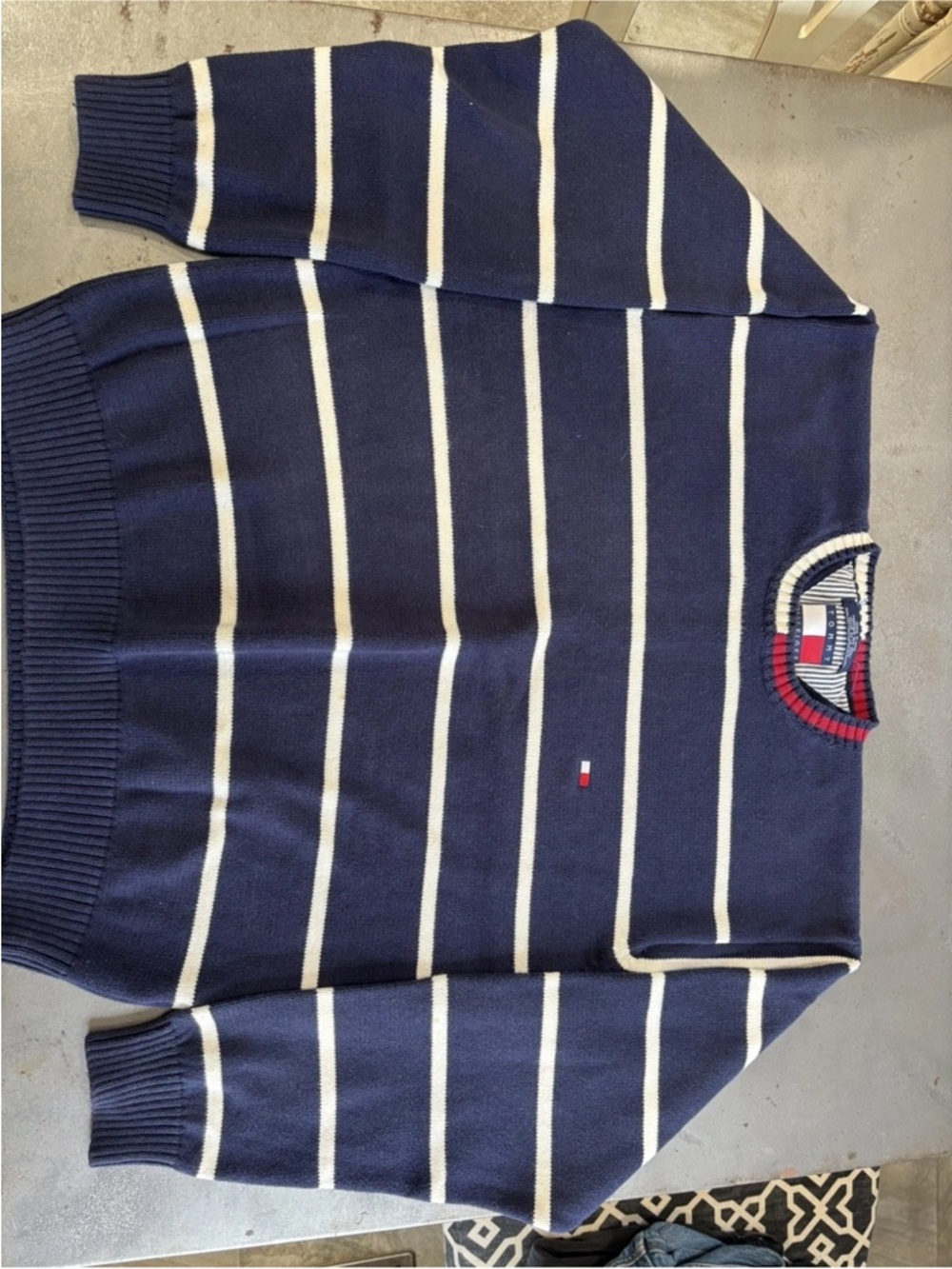 Tommy Hilfiger Navy and Cream Striped Crewneck Sweater